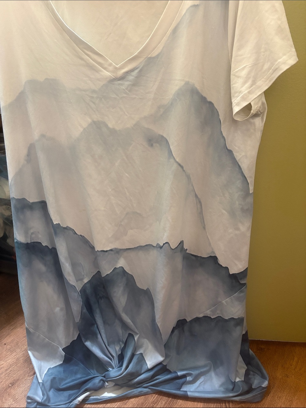 Men's White V-Neck Short Sleeve Shirt with Blue Mountain Print